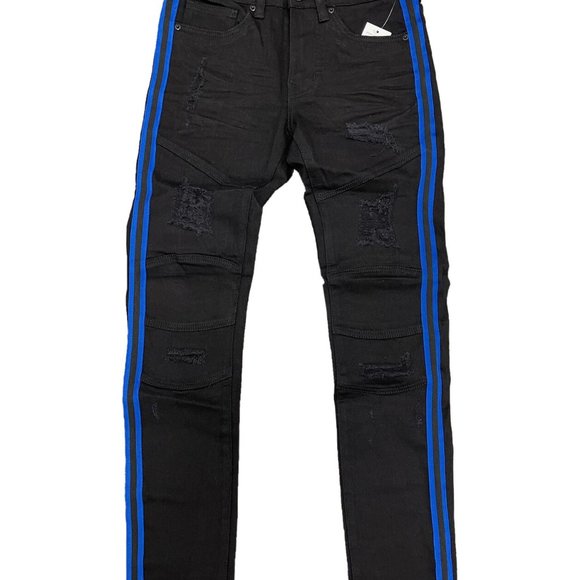 Men's Jet Black Jeans with Royal Blue Side - Picture 1 of 2